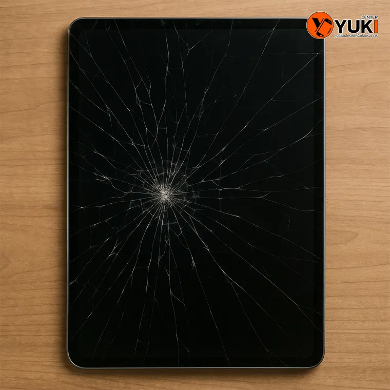 ภาพ iPad หน้าจอแตกวางอยู่บนโต๊ะไม้ เหมาะสำหรับประกอบบทความเกี่ยวกับการซ่อม iPad และเปลี่ยนหน้าจอที่ Yuki Center