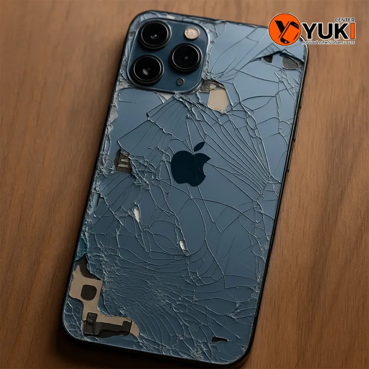 iPhone ฝาหลังแตก รอยแตกชัดเจนบนโต๊ะไม้ เสี่ยงน้ำเข้าและเครื่องเสียหาย ควรซ่อมทันทีที่ Yuki Center