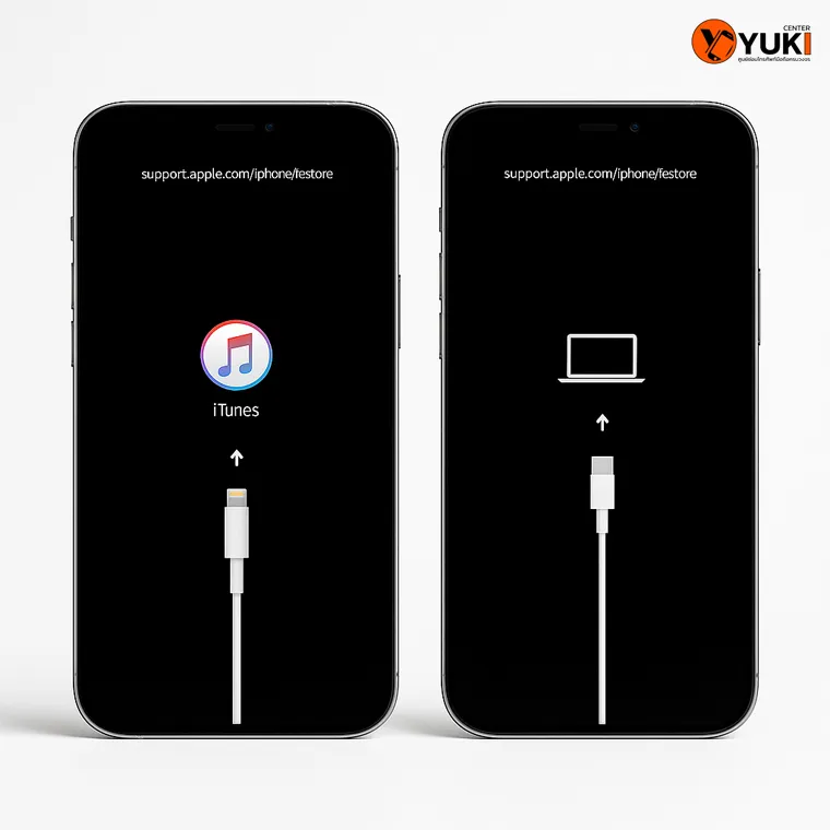 iPhone แสดงหน้าจอ DFU Mode พร้อมสาย Lightning และสัญลักษณ์ iTunes ใช้สำหรับกู้คืนระบบ | Yuki Center