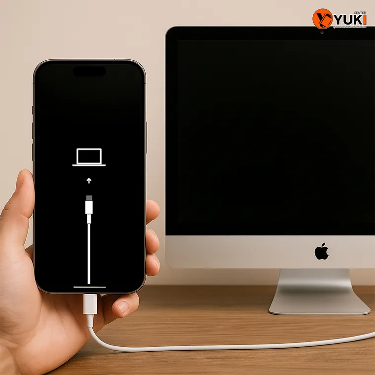 iPhone เชื่อมต่อกับคอมพิวเตอร์ iMac ผ่านสาย Lightning อยู่ในโหมด Recovery Mode แสดงสัญลักษณ์เชื่อมต่อ iTunes | Yuki Center