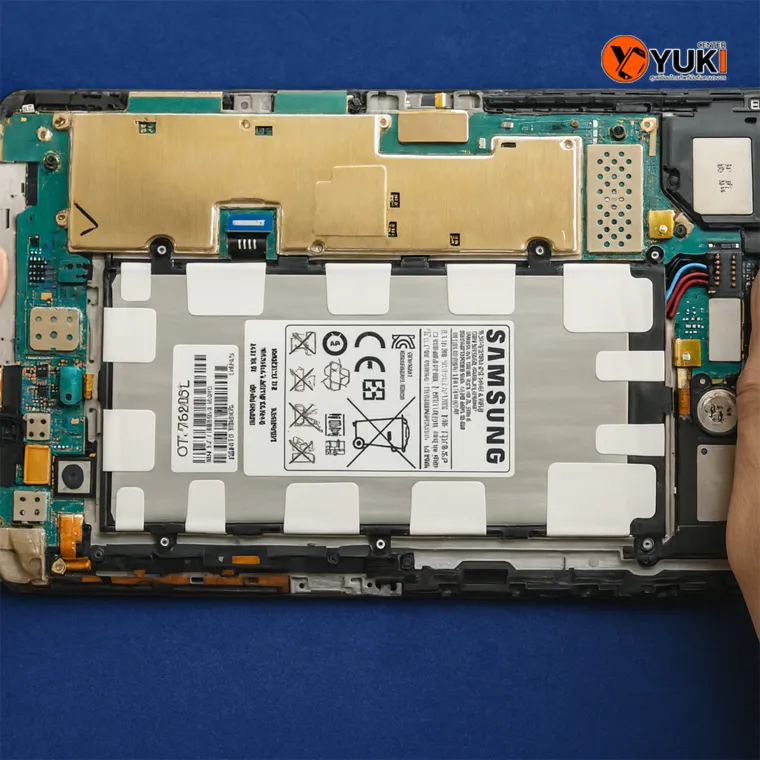 ช่างกำลังเปลี่ยนแบตเตอรี่ Samsung Galaxy Tab ด้วยอะไหล่แท้ที่ร้าน Yuki Center