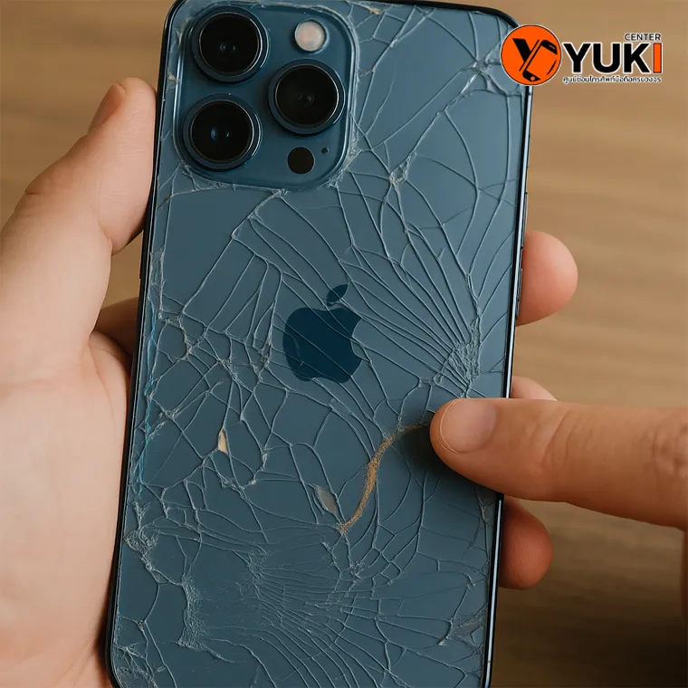 iPhone ฝาหลังแตก ช่างกำลังชี้รอยแตก เสี่ยงให้ฝุ่นและความชื้นเข้าสู่ตัวเครื่อง ควรซ่อมทันทีที่ Yuki Center