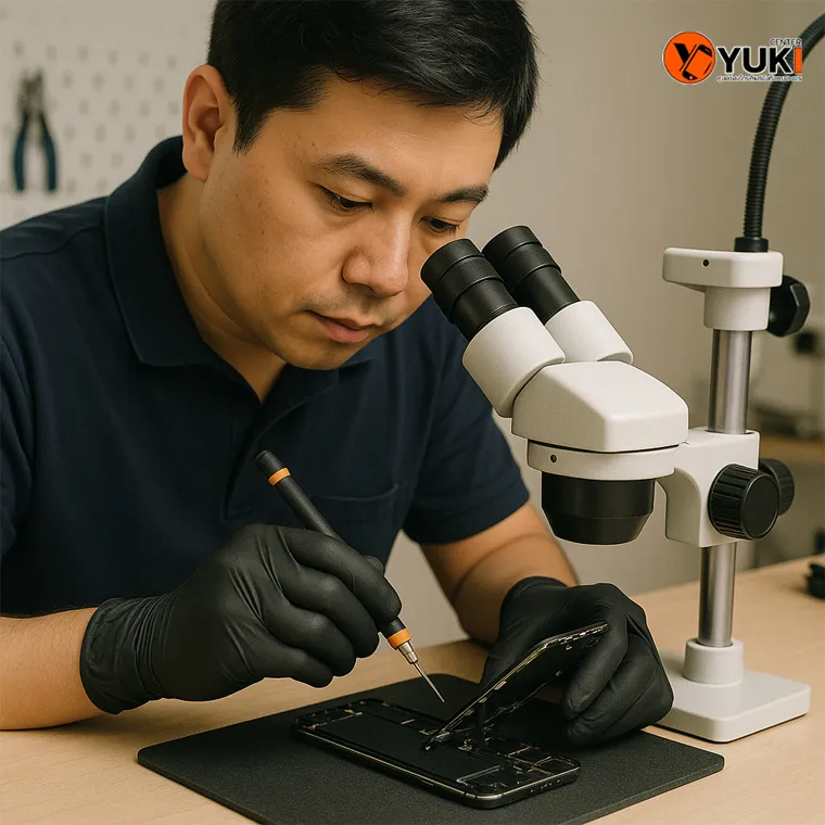 ช่างเทคนิค Yuki Center กำลังซ่อม iPhone ด้วยกล้องไมโครสโคปและเครื่องมือเฉพาะทางอย่างละเอียด เพื่อความแม่นยำและปลอดภัยของอุปกรณ์