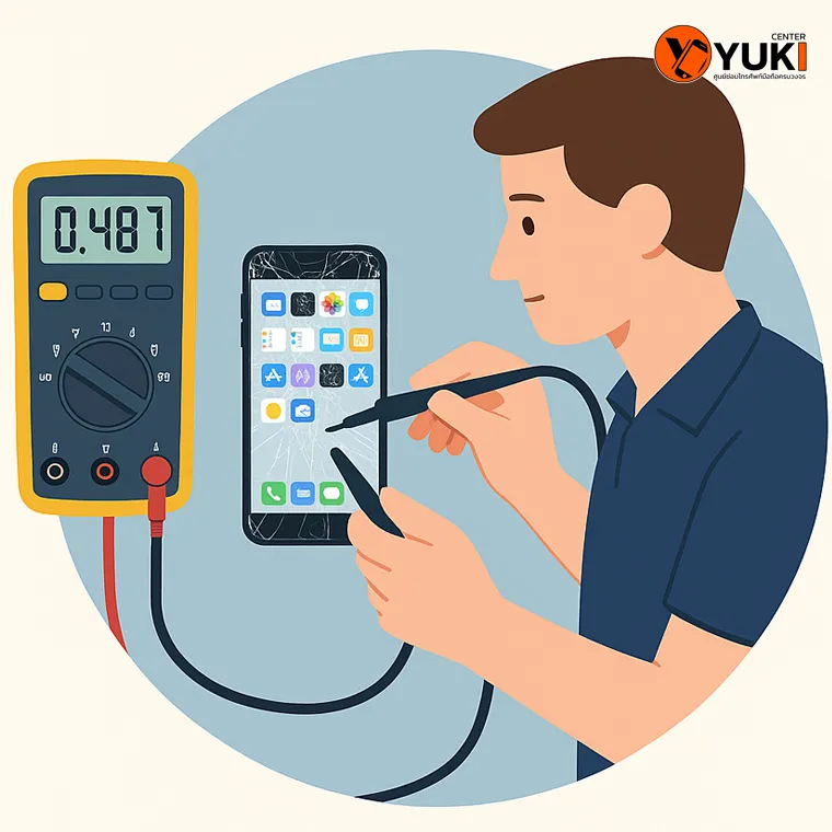 ช่างกำลังตรวจสอบหน้าจอ iPhone ที่แตกร้าวด้วยเครื่องมือวัดไฟฟ้า ก่อนทำการซ่อมที่ Yuki Center