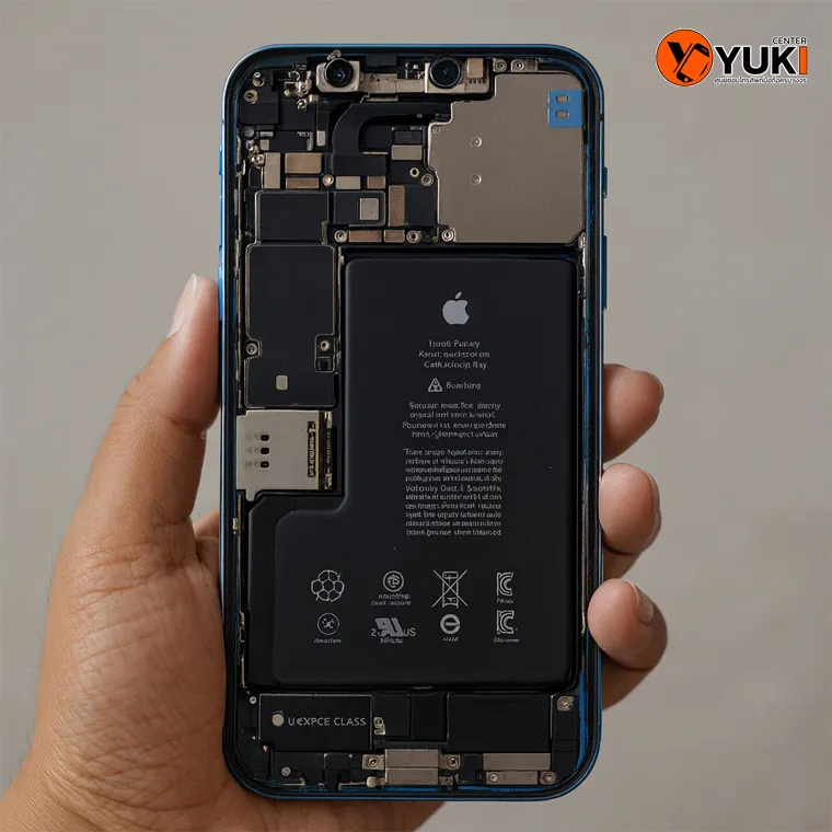 ภายในเครื่อง iPhone หลังเปิดฝาหลัง เตรียมซ่อมเมนบอร์ดโดยช่างผู้เชี่ยวชาญที่ Yuki Center