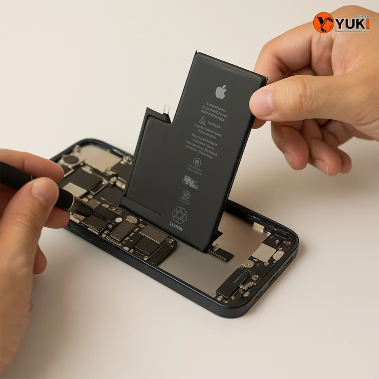 ช่างกำลังถอดแบตเตอรี่ iPhone ออกจากตัวเครื่องเพื่อเปลี่ยนแบต iPhone ใหม่ บริการซ่อม iPhone โดย Yuki Center