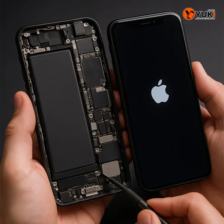 ช่างกำลังเปิดเครื่อง iPhone ตรวจสอบวงจรแก้ปัญหาเปิดไม่ติด | Yuki Center ศูนย์ซ่อมมือถือมืออาชีพ