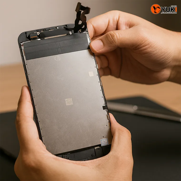 ช่างกำลังเปิดเครื่อง iPhone ตรวจสอบสายแพรหน้าจอ ที่ร้านซ่อมมือถือ Yuki Center