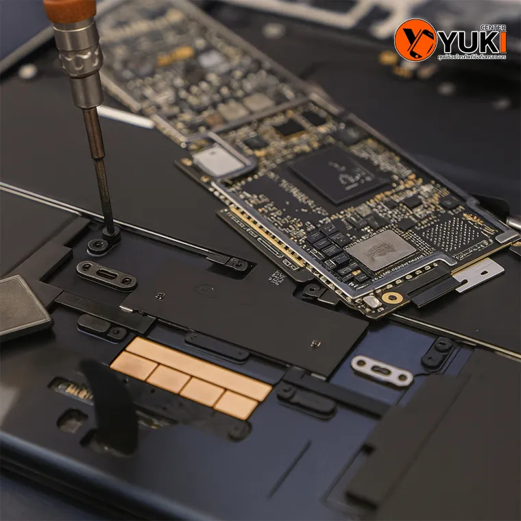 ภาพโคลสอัพช่างกำลังใช้ไขควงซ่อมบอร์ดวงจร iPad ซ่อมฮาร์ดแวร์และตรวจสอบชิ้นส่วนอิเล็กทรอนิกส์ | Yuki Center