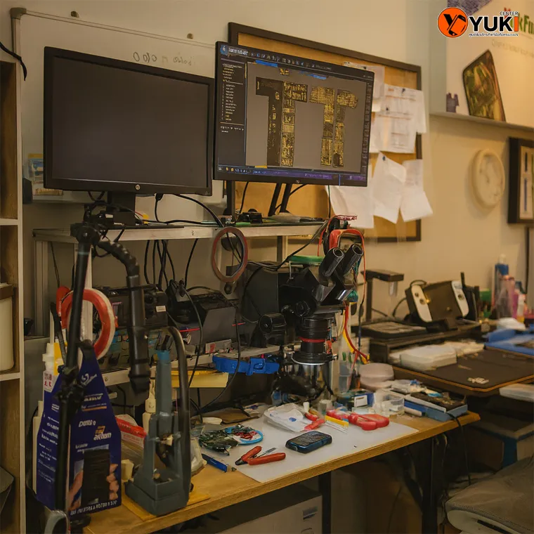 โต๊ะทำงานซ่อม iPhone พร้อมเครื่องมือมาตรฐานที่ Yuki Center ศูนย์ซ่อมมือถือครบวงจร