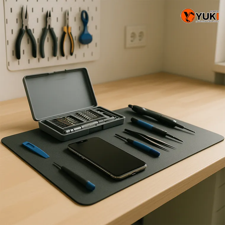 โต๊ะซ่อมมือถือของร้าน Yuki Center ที่จัดเครื่องมือช่างอย่างเป็นระเบียบและสะอาด แสดงถึงมาตรฐานการซ่อมระดับมืออาชีพ