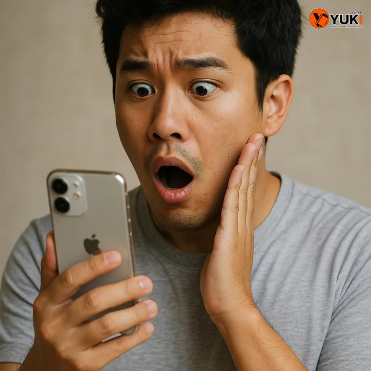ผู้ใช้ทำท่าตกใจเมื่อเห็น iPhone มีปัญหาหน้าจอ