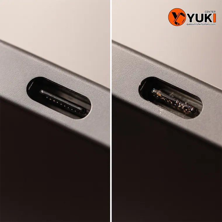 ภาพเปรียบเทียบพอร์ตชาร์จ iPad ที่สะอาดกับพอร์ตที่สกปรกเต็มไปด้วยฝุ่นและคราบ ทำให้ชาร์จไม่เข้า | Yuki Center