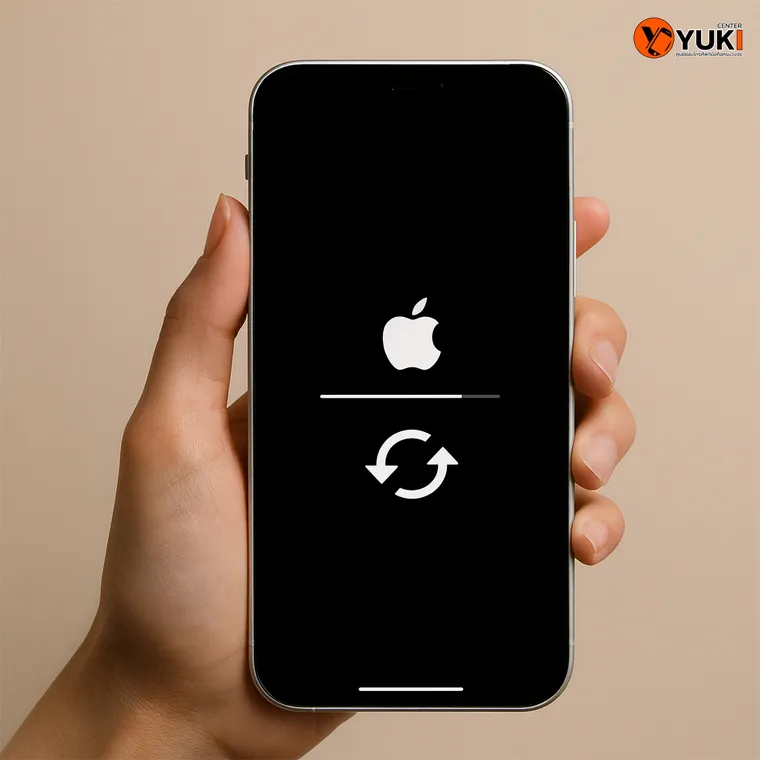 iPhone กำลังรีสตาร์ทขึ้นโลโก้ Apple พร้อมแถบโหลดและสัญลักษณ์รีเฟรช | Yuki Cente