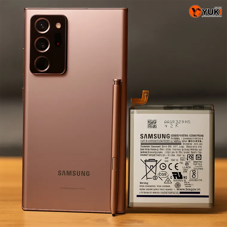 ภาพมือถือ Samsung Galaxy Note 20 Ultra พร้อมแบตเตอรี่ใหม่วางบนโต๊ะ จาก Yuki Center ร้านซ่อมมือถือมืออาชีพ