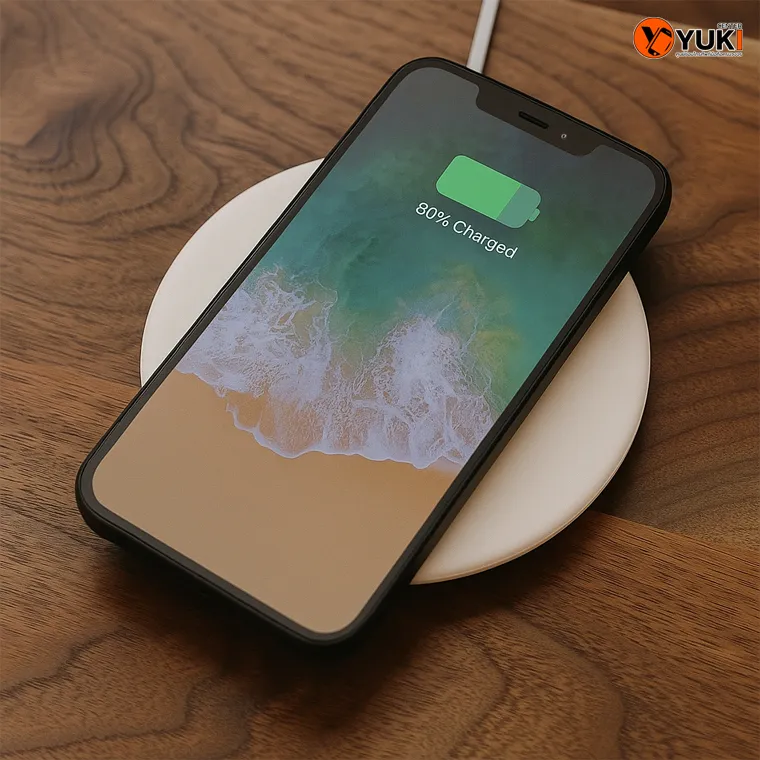 ภาพ iPhone วางบนแท่นชาร์จไร้สาย กำลังชาร์จแบตเตอรี่ถึง 80 เปอร์เซ็นต์