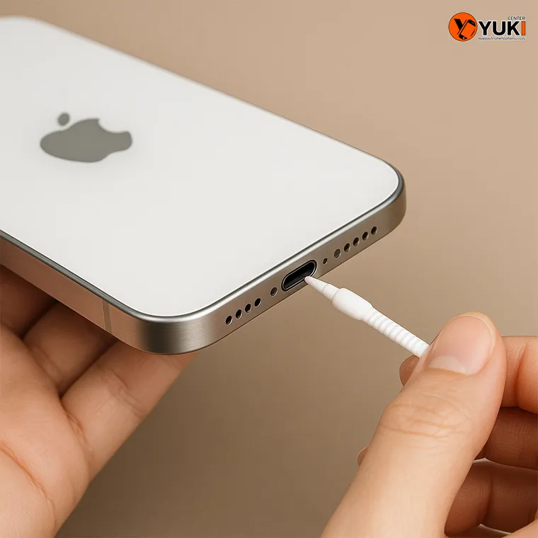 ภาพมือกำลังใช้แปรงเล็ก ๆ ทำความสะอาดพอร์ตชาร์จ iPhone ป้องกันปัญหาชาร์จไม่เข้า