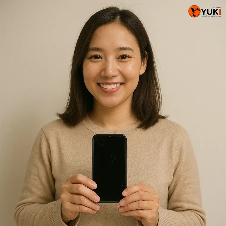 ลูกค้าถือ iPhone หลังซ่อมเสร็จที่ Yuki Center ด้วยรอยยิ้มและความพึงพอใจ
