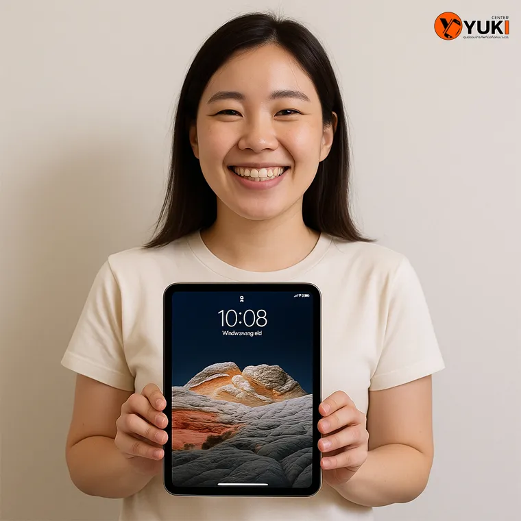 ลูกค้าถือ iPad หลังซ่อมเสร็จพร้อมรอยยิ้มที่ร้าน Yuki Center