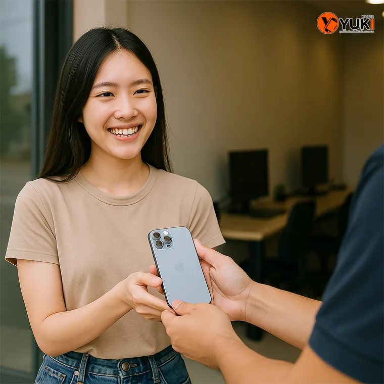 ลูกค้ารับ iPhone กลับหลังซ่อมเสร็จจาก Yuki Center ด้วยรอยยิ้มพอใจ บริการซ่อม iPhone และเปลี่ยนแบต iPhone โดยทีมช่างมืออาชีพ