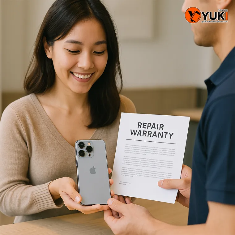 ลูกค้ารับเครื่อง iPhone หลังซ่อมเสร็จ พร้อมใบรับประกันการซ่อมจาก Yuki Center มั่นใจคุณภาพและบริการ