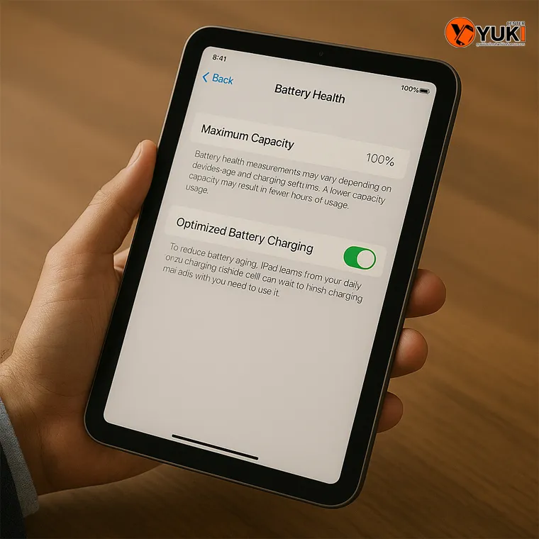 หน้าจอ Battery Health ของ iPad แสดง Maximum Capacity 100% และ Optimized Battery Charging ช่วยยืดอายุการใช้งานแบตเตอรี่ iPad