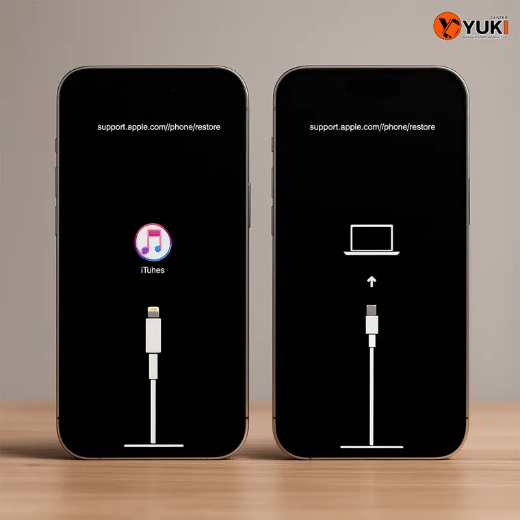 iPhone แสดงหน้าจอ Recovery Mode พร้อมสัญลักษณ์ iTunes และสาย Lightning ใช้สำหรับกู้คืนระบบ | Yuki Center