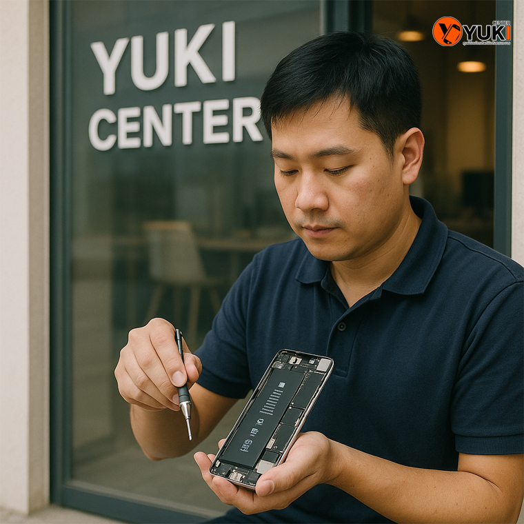 ช่างกำลังเปลี่ยนแบต iPhone อย่างมืออาชีพที่หน้าร้าน Yuki Center ร้านซ่อมมือถือคุณภาพ มาตรฐานสูง