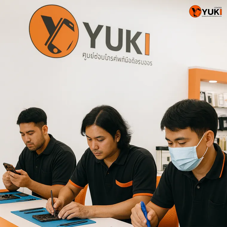 มช่าง Yuki Center กำลังซ่อม iPhone ภายในร้านซ่อมมือถือมืออาชีพ บริการครบวงจรด้วยอะไหล่คุณภาพ