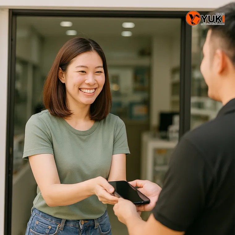 ลูกค้ารับเครื่อง Samsung Tab คืนที่ร้าน Yuki Center พร้อมรอยยิ้ม หน้าร้านมีโลโก้ชัดเจน