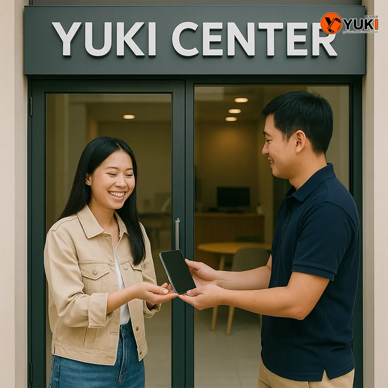 ลูกค้ารับ iPhone หลังซ่อมเสร็จที่หน้าร้าน Yuki Center ร้านซ่อม iPhone และเปลี่ยนแบต iPhone มืออาชีพ พร้อมบริการรับประกัน