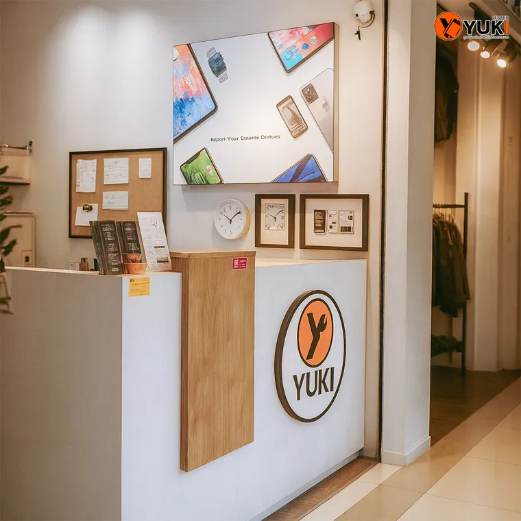 หน้าร้าน Yuki Center ศูนย์ซ่อมมือถือครบวงจร โลโก้ชัดเจน บริการซ่อม iPhone Samsung และสมาร์ทโฟนทุกรุ่น