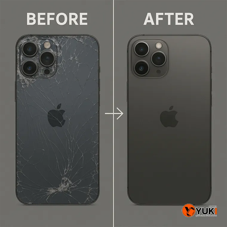 ภาพเปรียบเทียบก่อนและหลังเปลี่ยนบอดี้ iPhone หลังแตกที่ Yuki Center