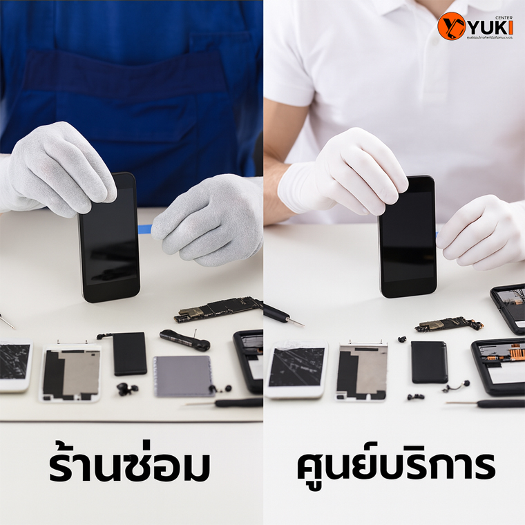 ภาพเปรียบเทียบการซ่อมมือถือ ร้านซ่อม vs ศูนย์บริการ แสดงความแตกต่างด้านอุปกรณ์และวิธีการซ่อม