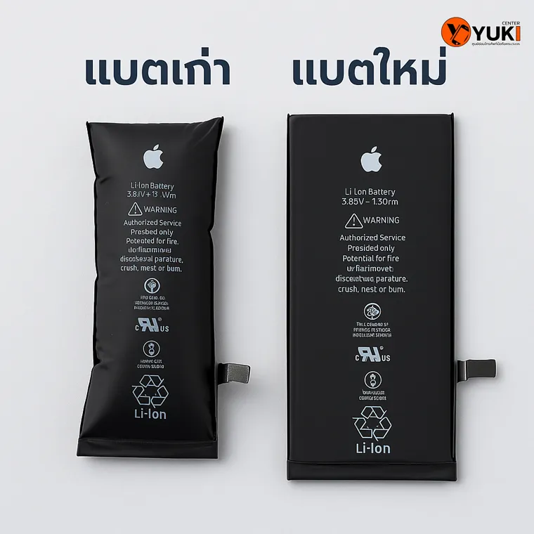 ภาพเปรียบเทียบแบตเตอรี่ iPhone เก่าที่บวมกับแบตใหม่ แสดงให้เห็นอาการแบตเสื่อมและการเปลี่ยนแบต iPhone เพื่อใช้งานได้เต็มประสิทธิภาพ