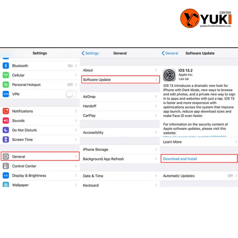 ภาพหน้าจอเมนูการอัปเดต iOS บน iPhone และ iPad แสดงขั้นตอนเข้าไปที่ Settings > General > Software Update เพื่อติดตั้งเวอร์ชันใหม่ | Yuki Center