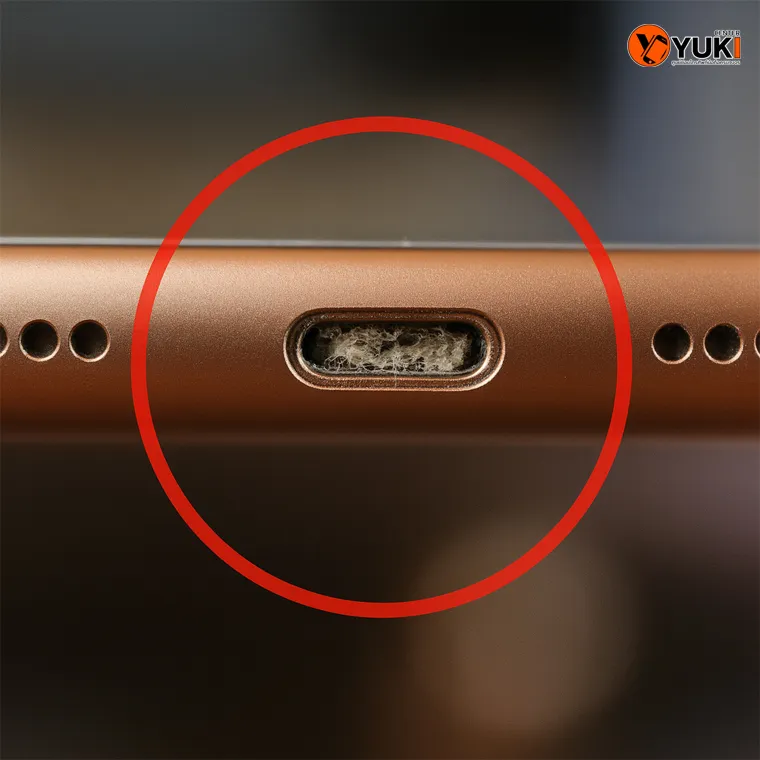 ภาพโคลสอัพพอร์ตชาร์จ iPad mini 6 ที่เต็มไปด้วยฝุ่น สาเหตุหลักทำให้ iPad ชาร์จไม่เข้า ต้องทำความสะอาดพอร์ตชาร์จ