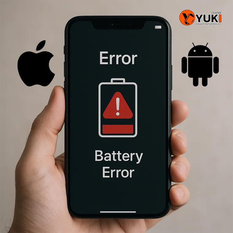 มือถือขึ้นข้อความ Battery Error พร้อมไอคอน Apple และ Android แสดงปัญหาแบตเสื่อมและการทำงานผิดพลาดของแบตเตอรี่