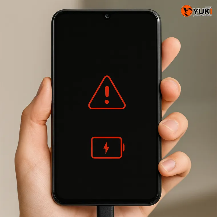 มือถือ Samsung แสดงสัญลักษณ์เตือนแบตเตอรี่และความร้อน บ่งบอกปัญหาแบตเสื่อมหรือผิดปกติ