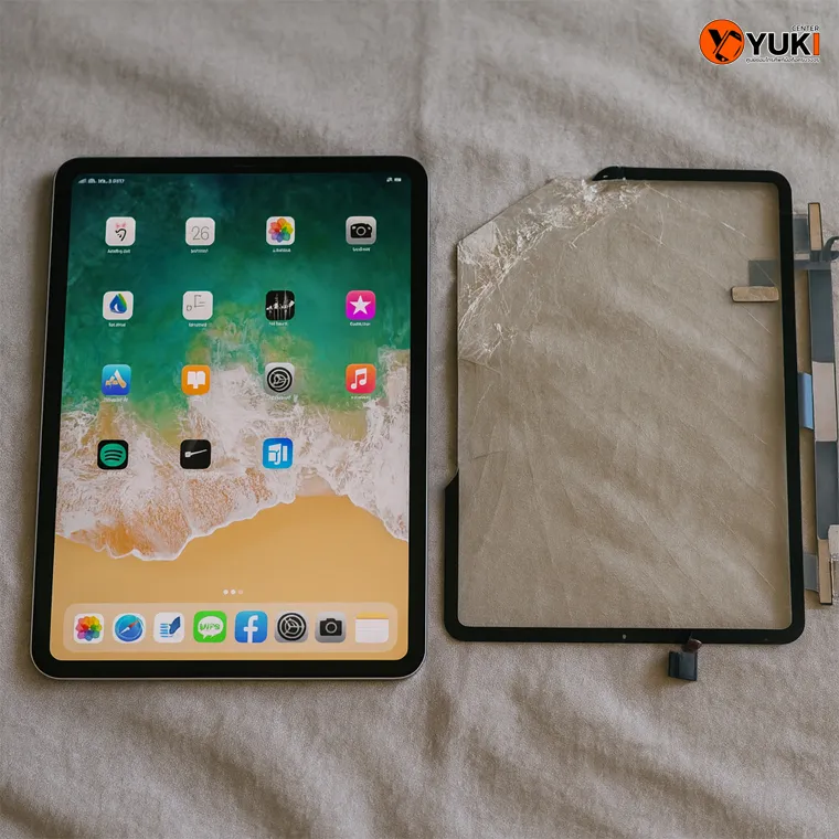 iPad หลังเปลี่ยนกระจกใหม่ เปรียบเทียบกับกระจกหน้าจอแตกเก่า ซ่อมโดยร้าน Yuki Center