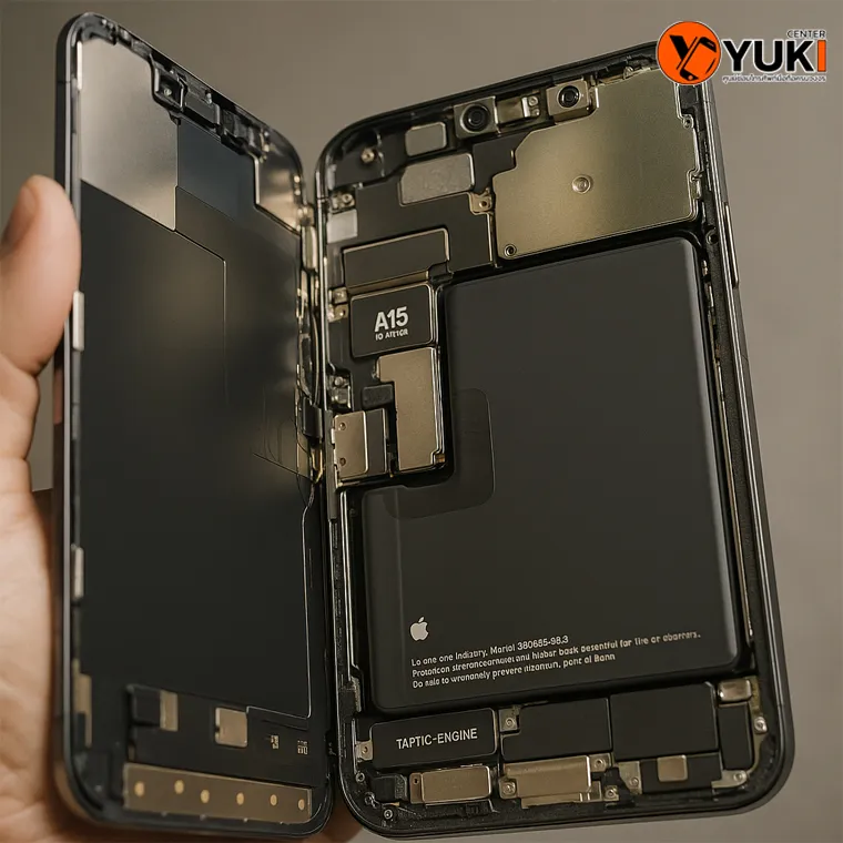ภาพชิ้นส่วนภายใน iPhone ชิป A15 และแบตเตอรี่ ถ่ายจากการซ่อมที่ Yuki Center โดยช่างผู้เชี่ยวชาญ