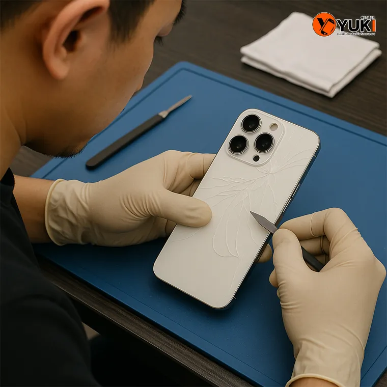 ช่างกำลังซ่อมฝาหลัง iPhone แตกด้วยเครื่องมือพิเศษที่ Yuki Center ศูนย์ซ่อมมือถือมาตรฐาน