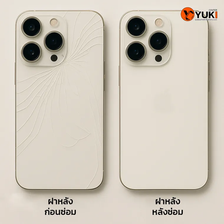 ภาพเปรียบเทียบฝาหลัง iPhone ก่อนซ่อมที่แตก และหลังซ่อมเสร็จกลับมาเหมือนใหม่ที่ Yuki Center