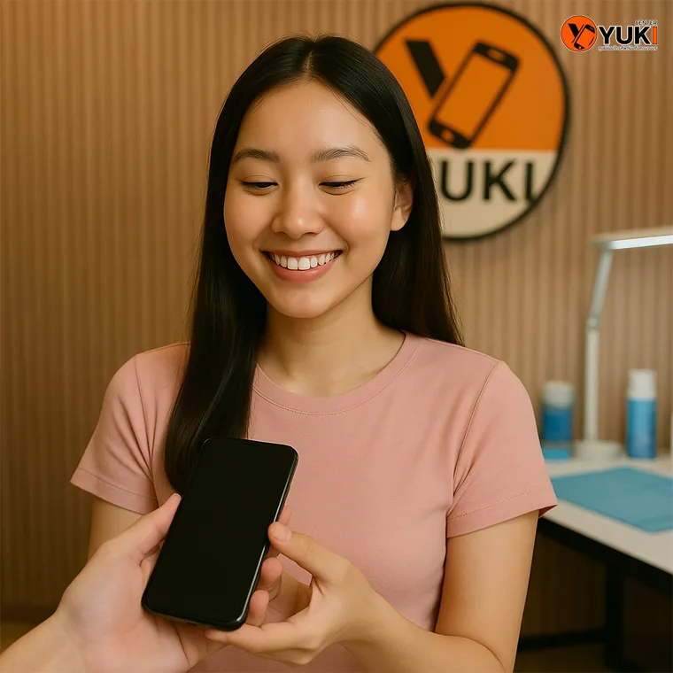 ลูกค้าผู้หญิงเอเชียยิ้มรับโทรศัพท์มือถือหลังซ่อมเสร็จ ที่ร้านซ่อมมือถือ Yuki Center