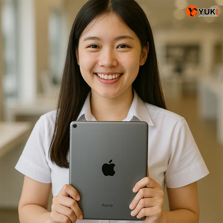 ลูกค้าถือ iPad Air 3 หลังเปลี่ยนแบตเสร็จ ยิ้มแสดงความพอใจ บริการเปลี่ยนแบต iPad Air ที่ Yuki Center ร้านซ่อม iPad มืออาชีพ