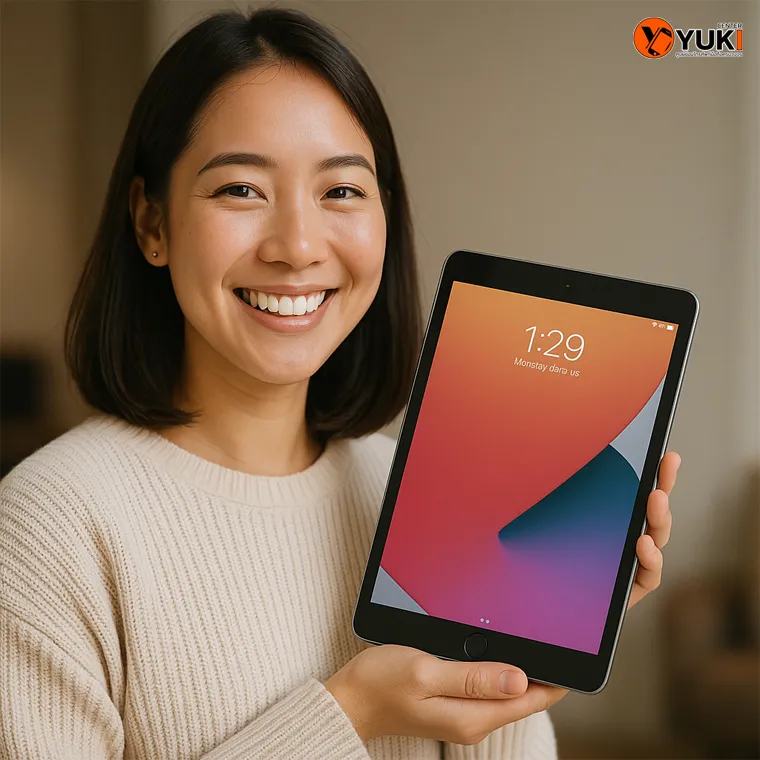 ลูกค้ายิ้มถือ iPad หลังซ่อมเสร็จ บริการซ่อม iPad คุณภาพโดย Yuki Center