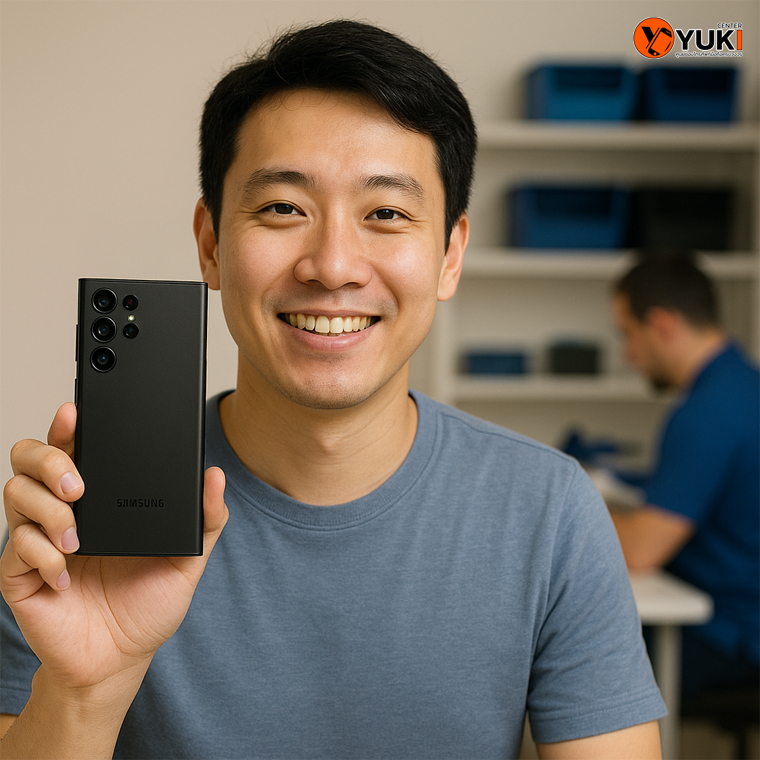 ลูกค้าถือมือถือ Samsung ด้วยรอยยิ้มหลังซ่อมเสร็จที่ร้าน Yuki Center