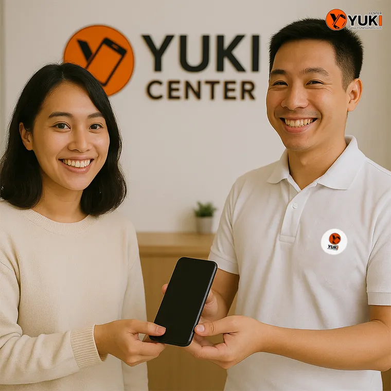ลูกค้ารับมือถือหลังซ่อมเสร็จที่ร้าน Yuki Center ด้วยรอยยิ้มพึงพอใจ