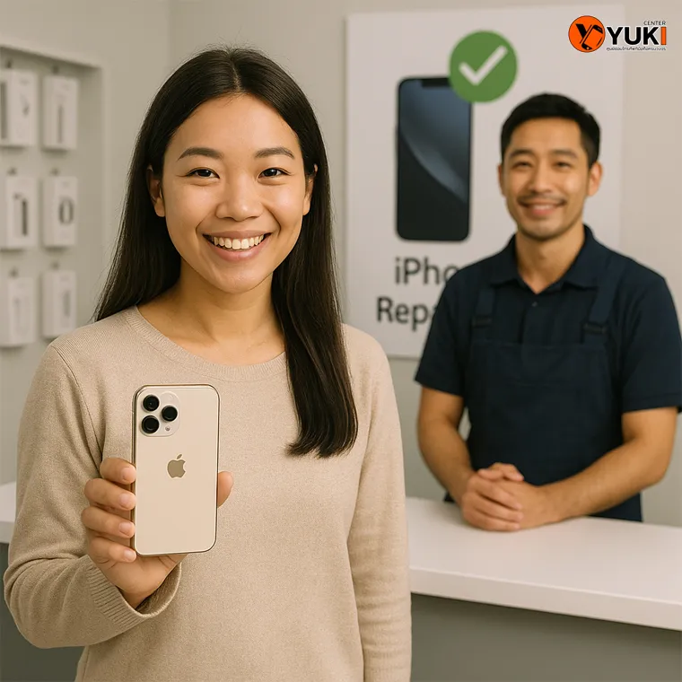 ลูกค้ารับเครื่อง iPhone พร้อมรอยยิ้มหลังเปลี่ยนแบตเสร็จที่ร้าน Yuki Center บริการซ่อมมือถือมืออาชีพ