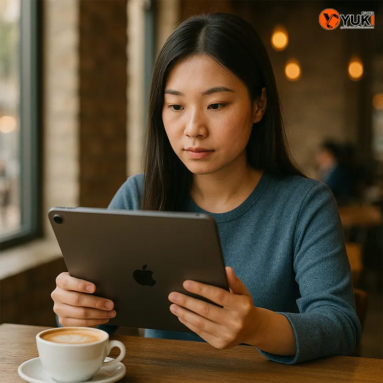 ลูกค้าใช้งาน iPad Pro 12.9 ในร้านกาแฟหลังเปลี่ยนแบตเตอรี่ใหม่ บริการเปลี่ยนแบต iPad Pro ที่ Yuki Center ร้านซ่อม iPad มืออาชีพ
